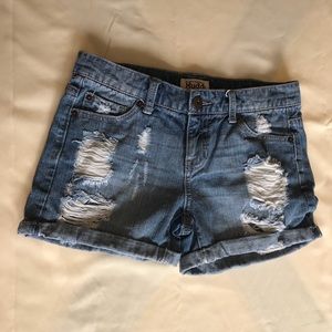 Light wash distressed denim shorts